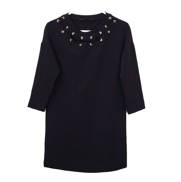 Zara Basic Black Tunic Top Womens Size XS Crisscross Neckline 3/4 Sleeve Shirt - Picture 1 of 6